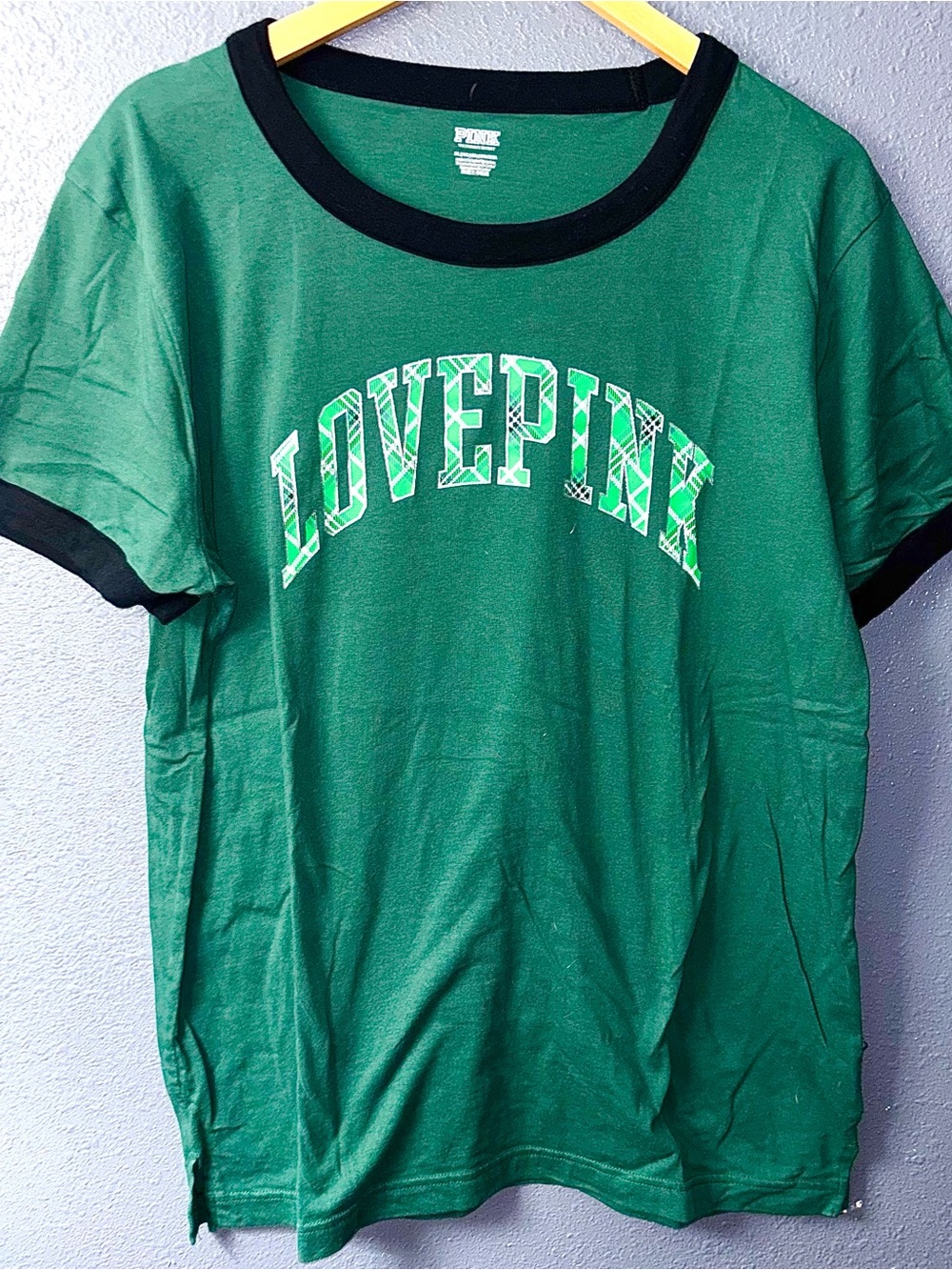PINK Victoria's Secret Green Ringer Tee with Black Trim and LOVE PINK Graphic
